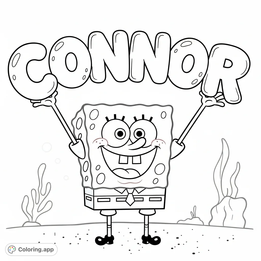 A delightful SpongeBob SquarePants coloring page featuring him holding "CONNOR" in playful bubble letters amidst an underwater scene.