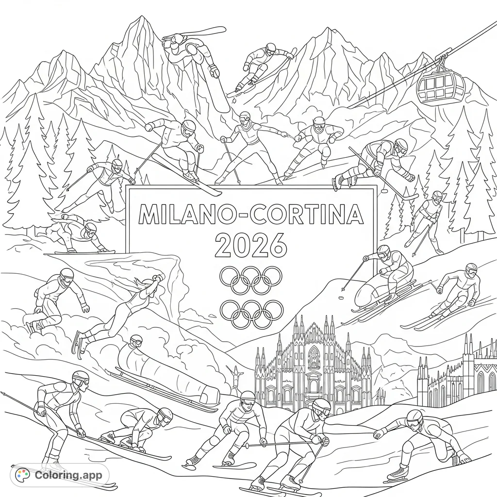 A dynamic Milano–Cortina 2026 Winter Olympics coloring page featuring athletes in various sports surrounded by iconic Italian alpine and city landscapes.
