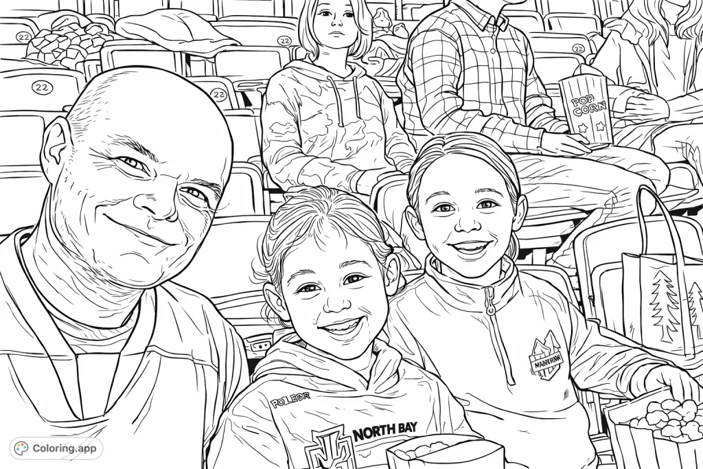 Capture a heartwarming family moment at the stadium! This free printable coloring page features a father and his children enjoying an event from the stands.