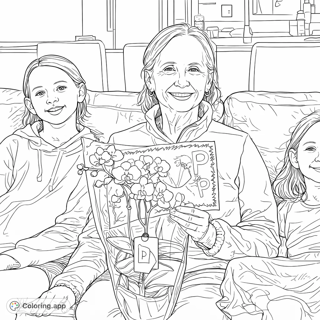 Capture a heartwarming family moment! An adult smiles, holding an orchid and a child's handmade card, flanked by two cheerful young girls on a cozy sofa.