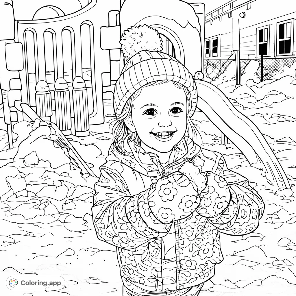 A delightful winter coloring page featuring a smiling child with a snowball in a snowy playground setting. Perfect for seasonal fun!