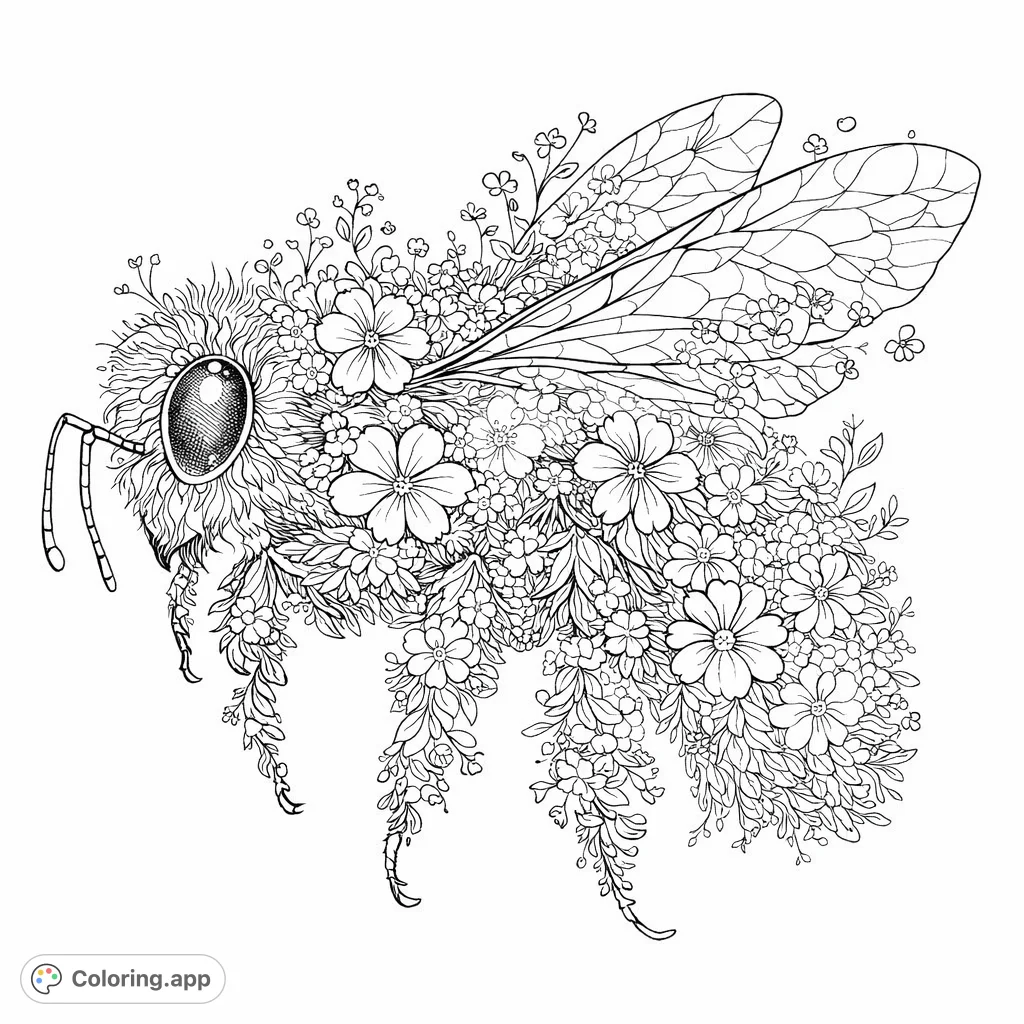 An intricate coloring page featuring a whimsical bee crafted from a dense array of flowers and delicate leaves, perfect for detailed artistic expression.