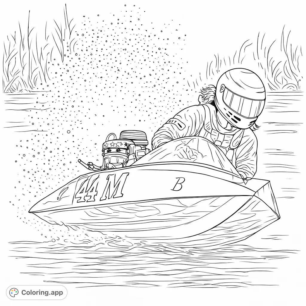 Experience the thrill of speed with this dynamic powerboat race scene, featuring a sleek boat, a focused driver, and dramatic water spray.