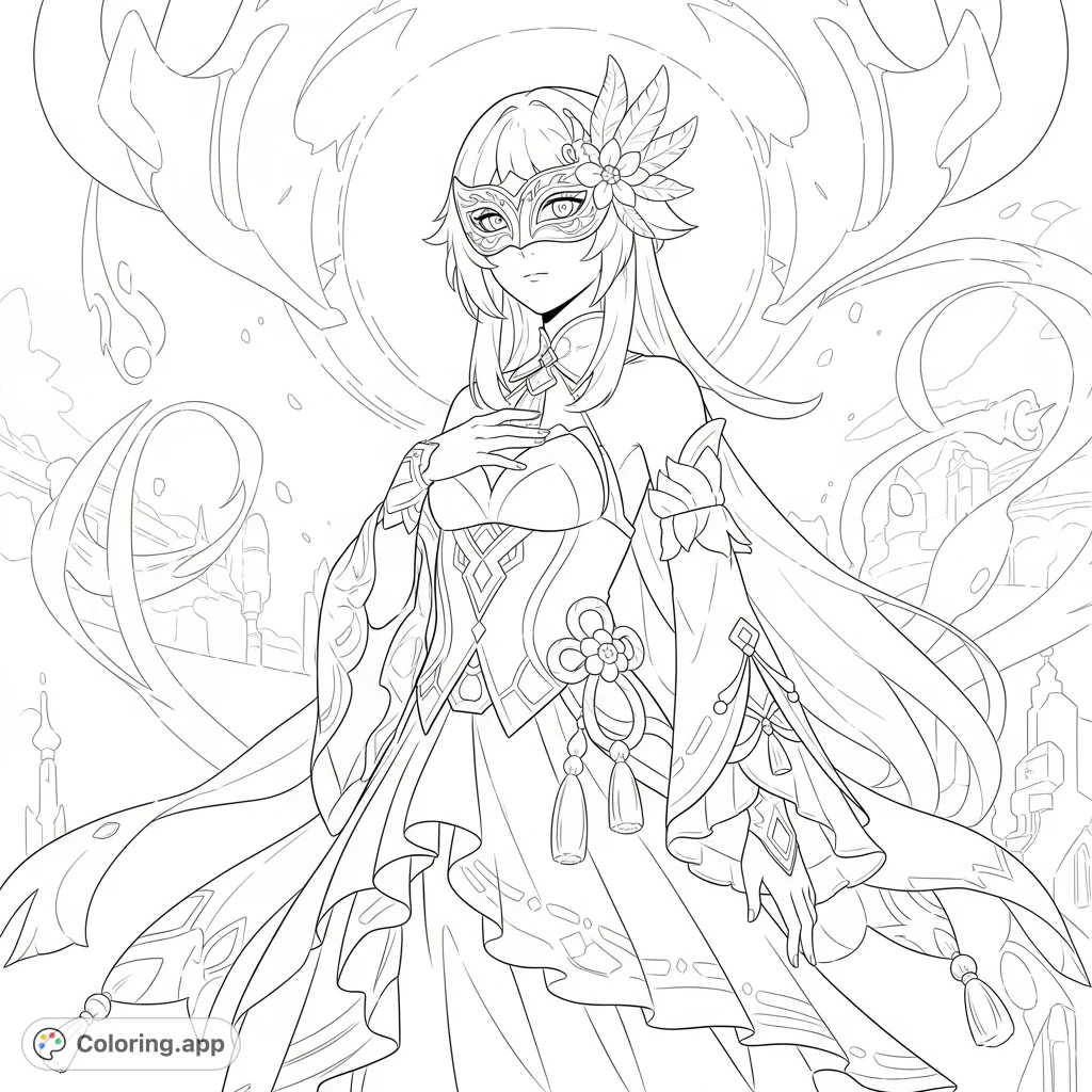Color Columbina from Genshin Impact! This intricate page features the elegant Fatui Harbinger with her detailed mask, elaborate gown, and flowing hair amidst ethereal patterns.