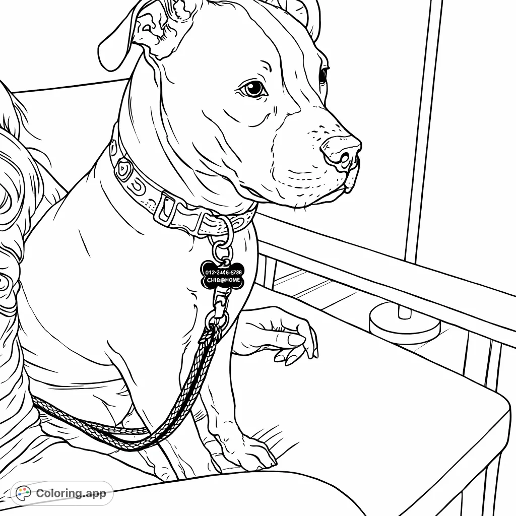 A loyal pit bull sits patiently on a chair next to its owner, wearing a patterned collar and leash. Perfect for dog lovers to color and personalize.