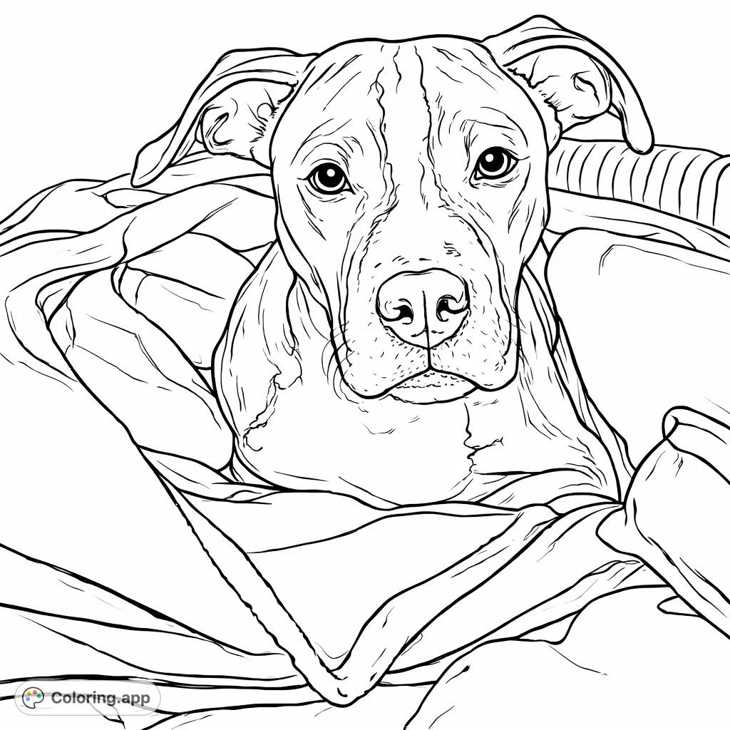 A heartwarming dog coloring page featuring a loyal canine companion nestled in soft blankets, perfect for all animal lovers to enjoy.