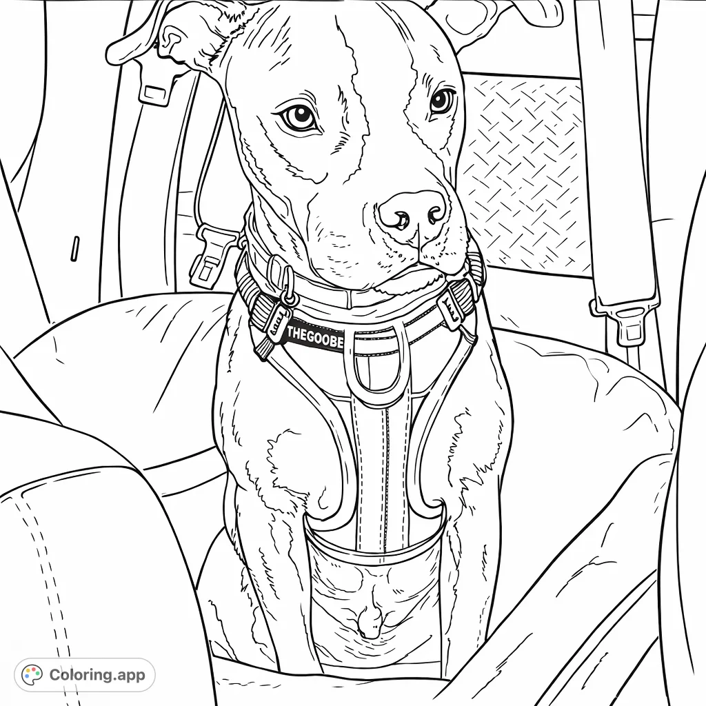 Color this endearing puppy on a car adventure! Featuring a sweet expression and detailed harness in a cozy car seat, it’s a perfect design for pet lovers.