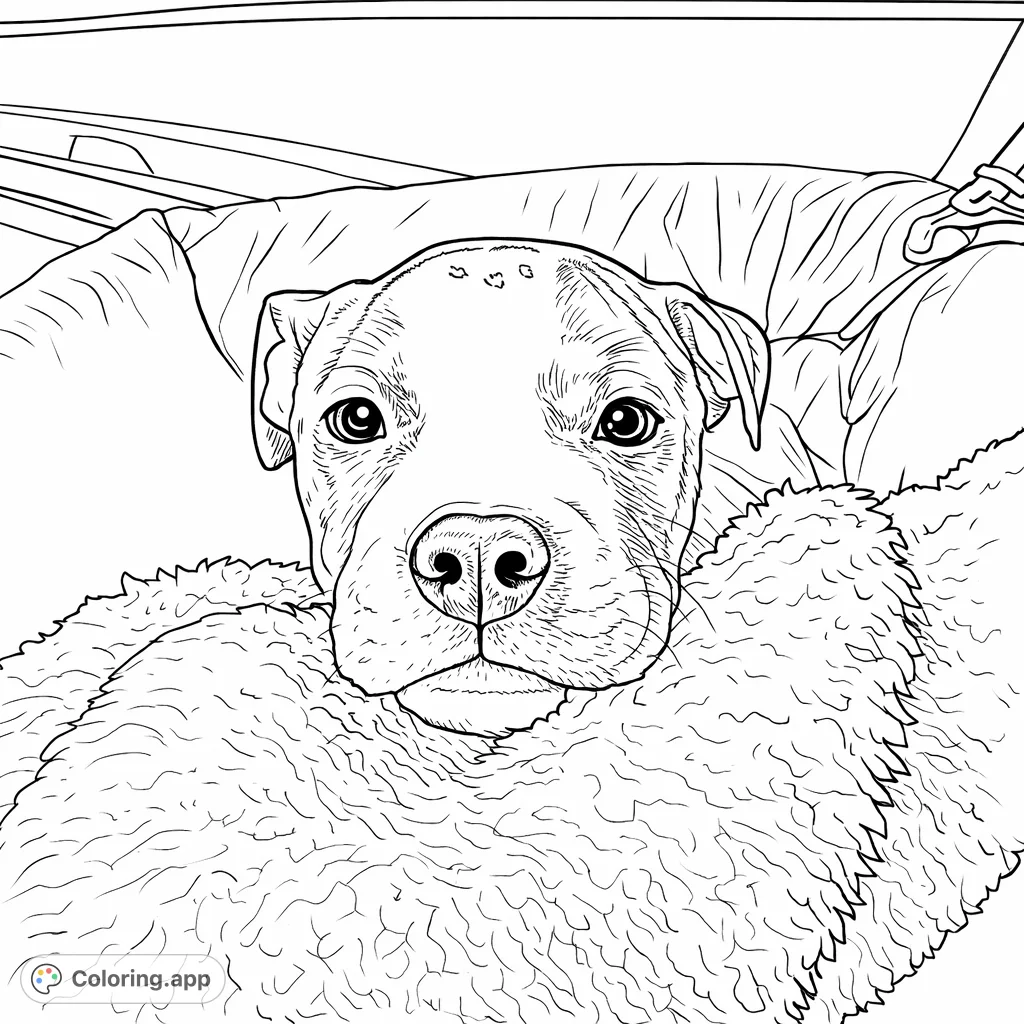 An adorable puppy wrapped in a soft blanket, gazing with expressive eyes. Perfect puppy coloring page for animal lovers of all ages!