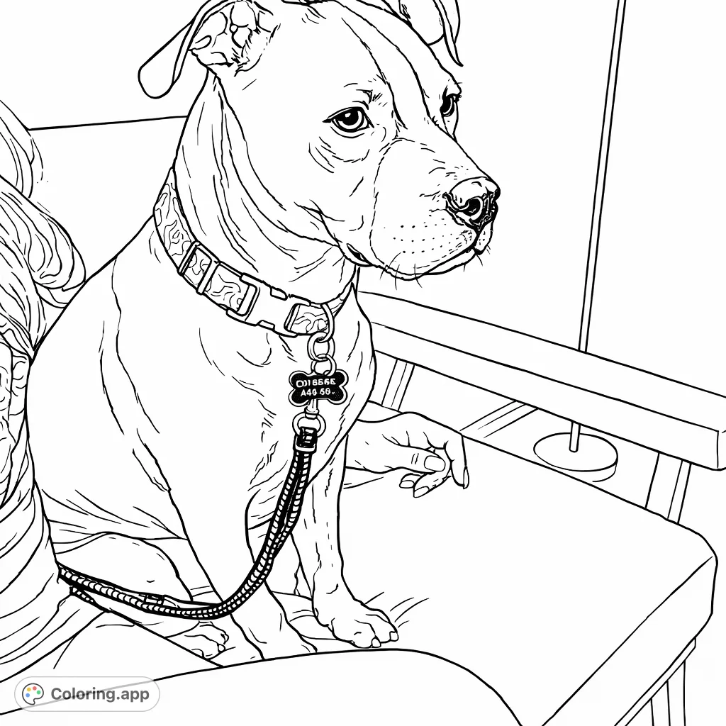 A charming dog sits attentively on a person's lap, wearing a detailed collar and leash. A heartwarming scene ready for your creative touch.