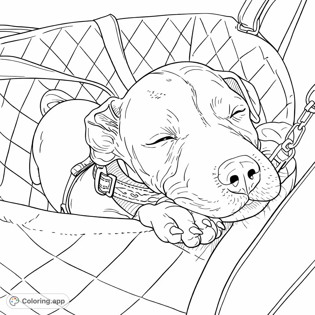 A sweet puppy naps in its car booster seat, one eye winking playfully. Capture this adorable moment and bring its soft fur and cozy ride to life with your colors.