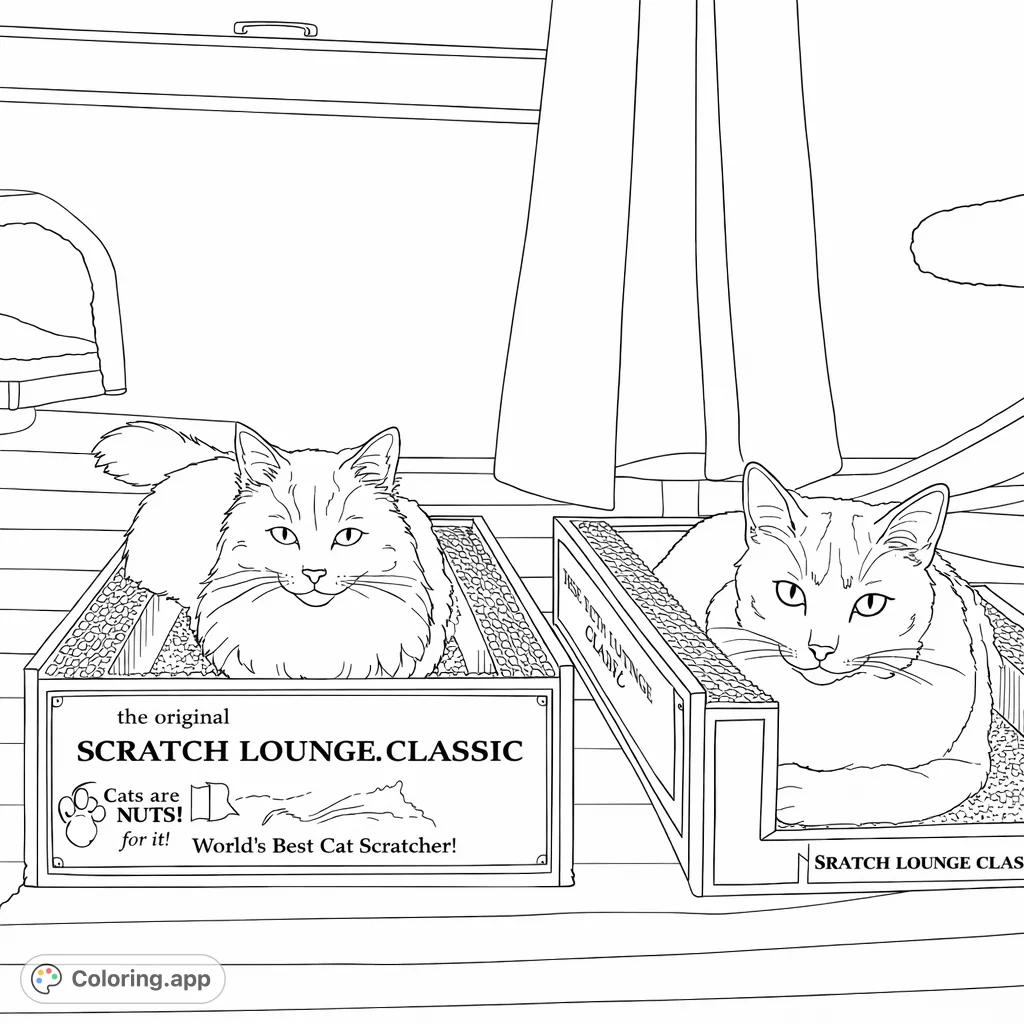 Two charming cats relax in their favorite scratch lounges, surrounded by simple home elements. A delightful scene for cat lovers of all ages.