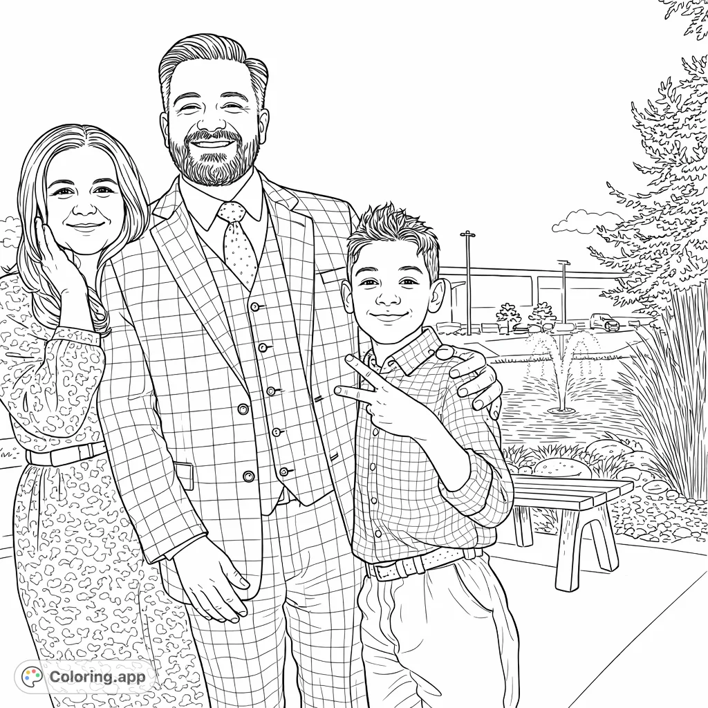 A heartwarming family portrait featuring a smiling mother, father, and son by a tranquil pond with a fountain, offering a delightful coloring experience.