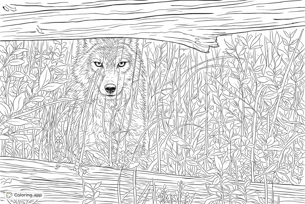 A majestic wolf-like creature peeks through tall grass and a rustic fence. A captivating wild animal coloring page for nature enthusiasts and wildlife lovers.