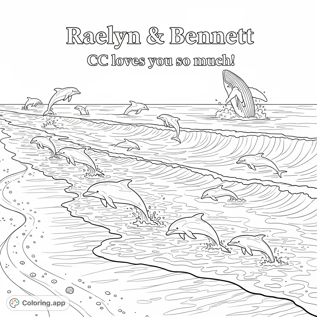 An enchanting oceanic scene featuring playful dolphins, a breaching whale, and personalized text. Perfect for a unique beach coloring page adventure.
