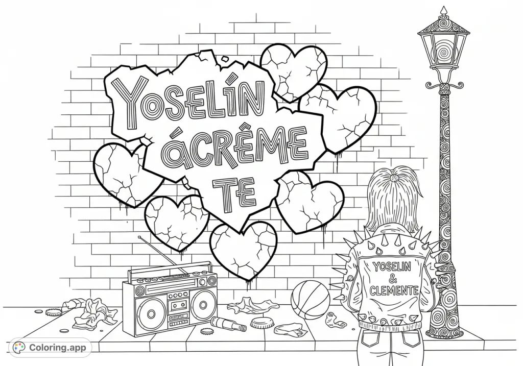 Capture the dynamic energy of street art with hearts, personalized messages, and urban elements. A detailed free printable coloring page.