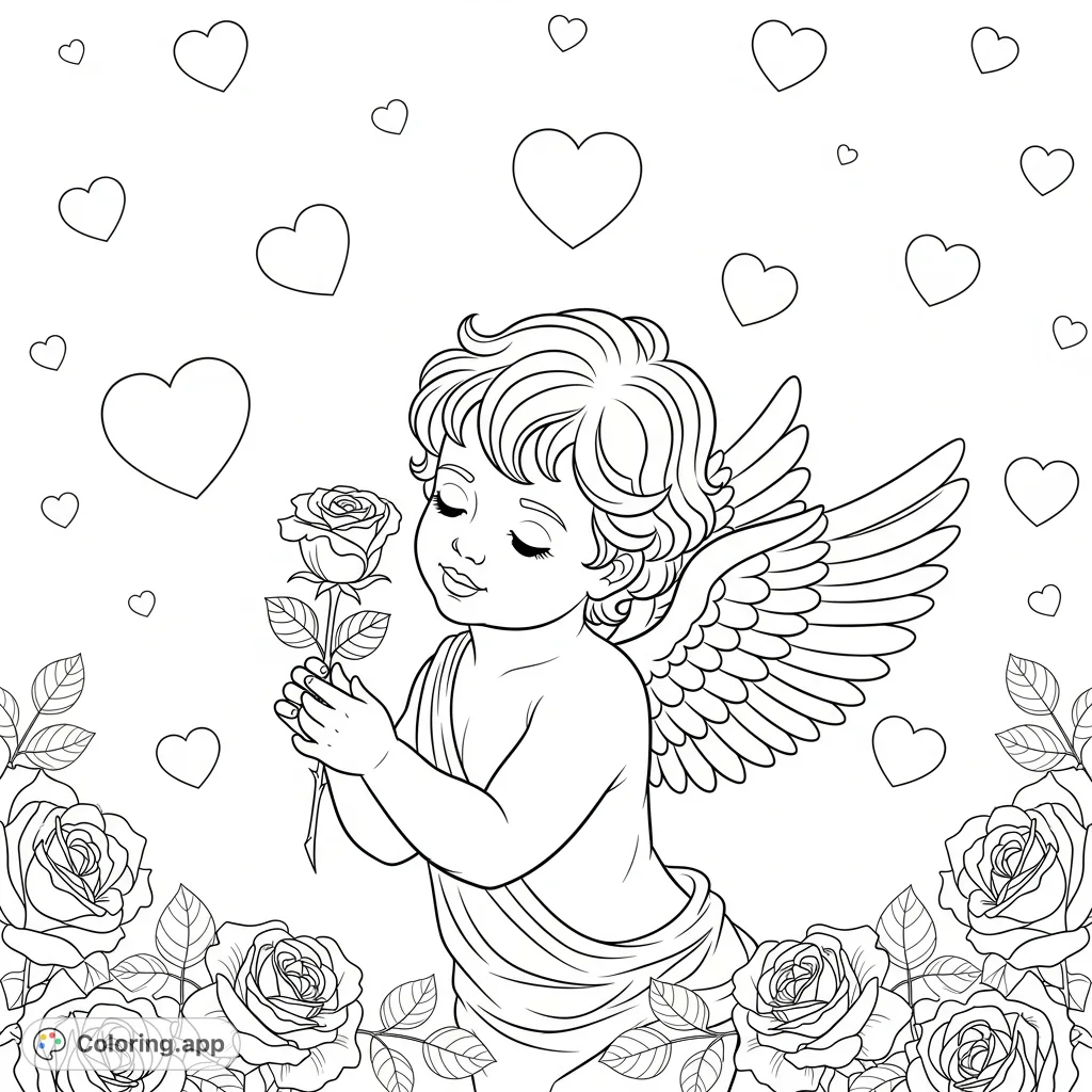 Adorable Cupid holds a beautiful rose amidst scattered hearts, creating a sweet and romantic Valentine's Day scene perfect for a lovely coloring page.