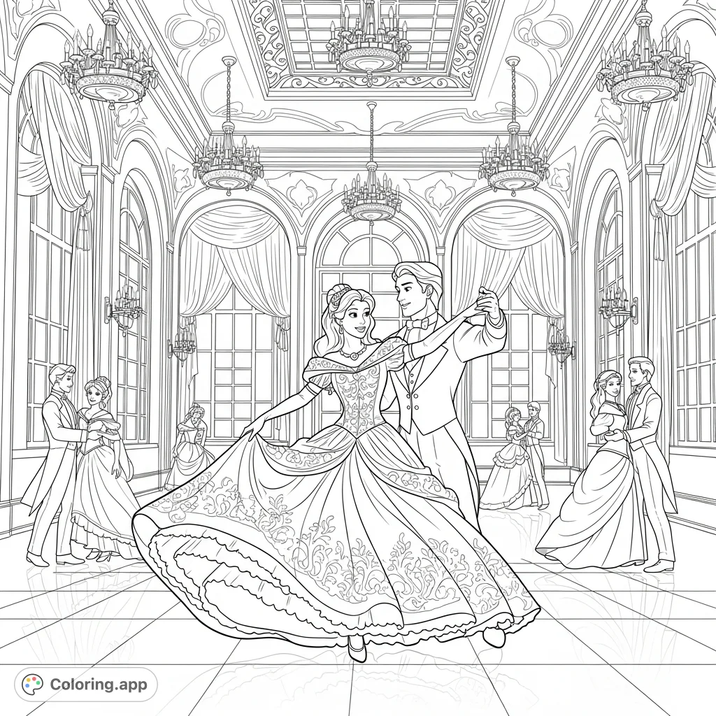 A stunning fantasy ballroom coloring page featuring a graceful princess and her partner dancing at a royal ball, surrounded by opulent decor and other elegant dancers.