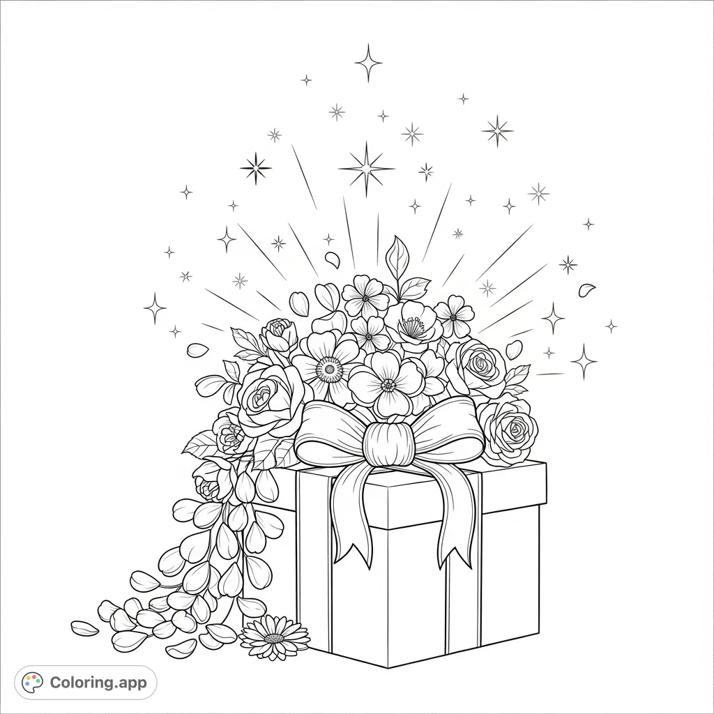 A charming Valentine's Day gift box adorned with a lavish bow and abundant flowers, surrounded by twinkling sparkles, perfect for a heartwarming coloring experience.