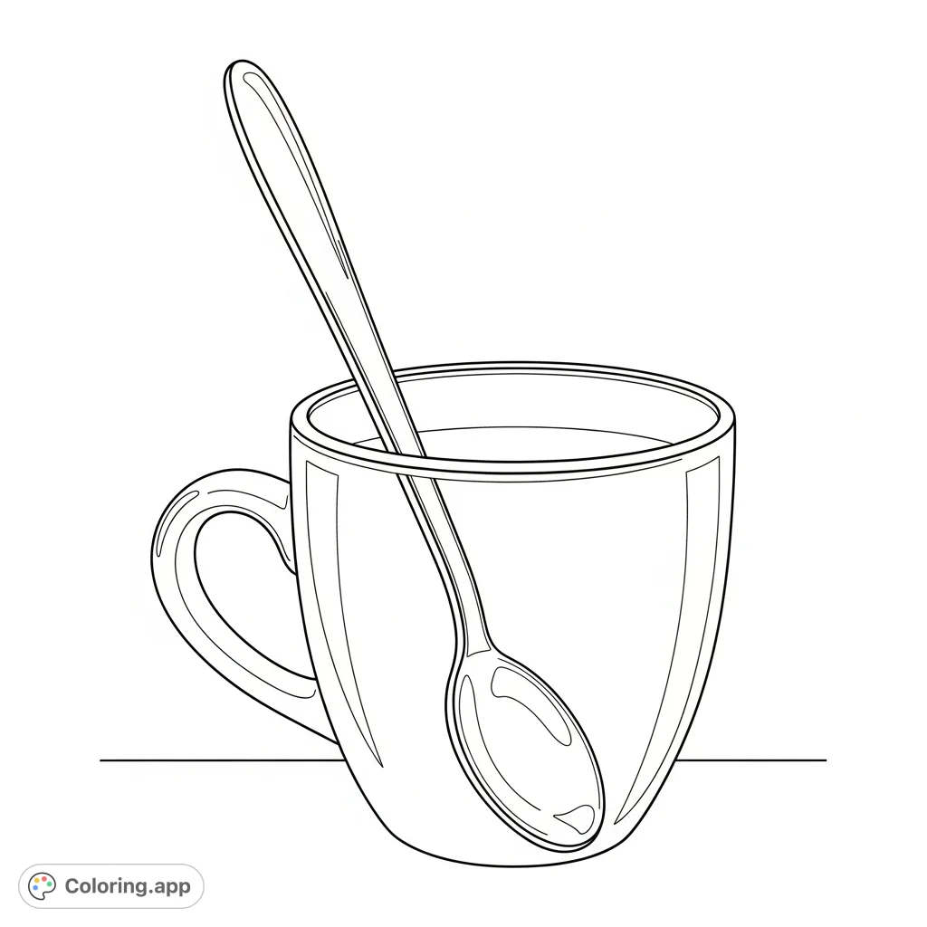 Relax with this cozy coffee cup coloring page, featuring a classic mug with a spoon nestled inside. Perfect for adding your personal touch and creativity.