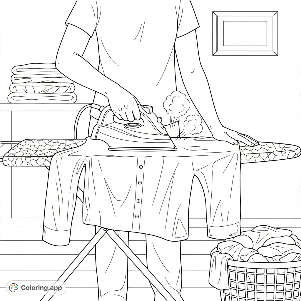 A detailed person ironing clothes coloring page capturing a familiar domestic scene with an iron, board, and laundry. Perfect for creative relaxation!