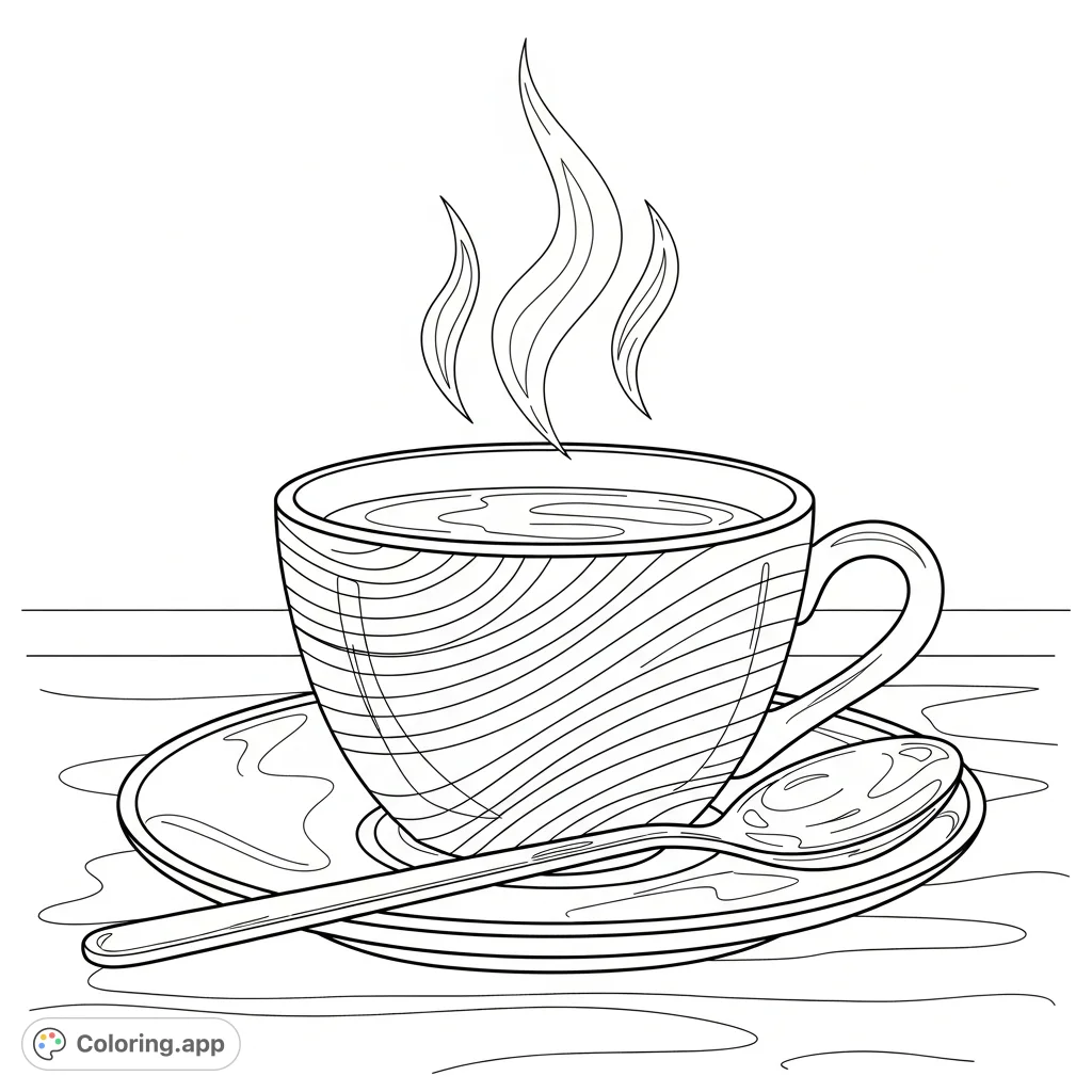 A charming coffee cup and spoon rest on a saucer, ready for a cozy coloring session. This free printable coffee cup coloring page offers simple delight.