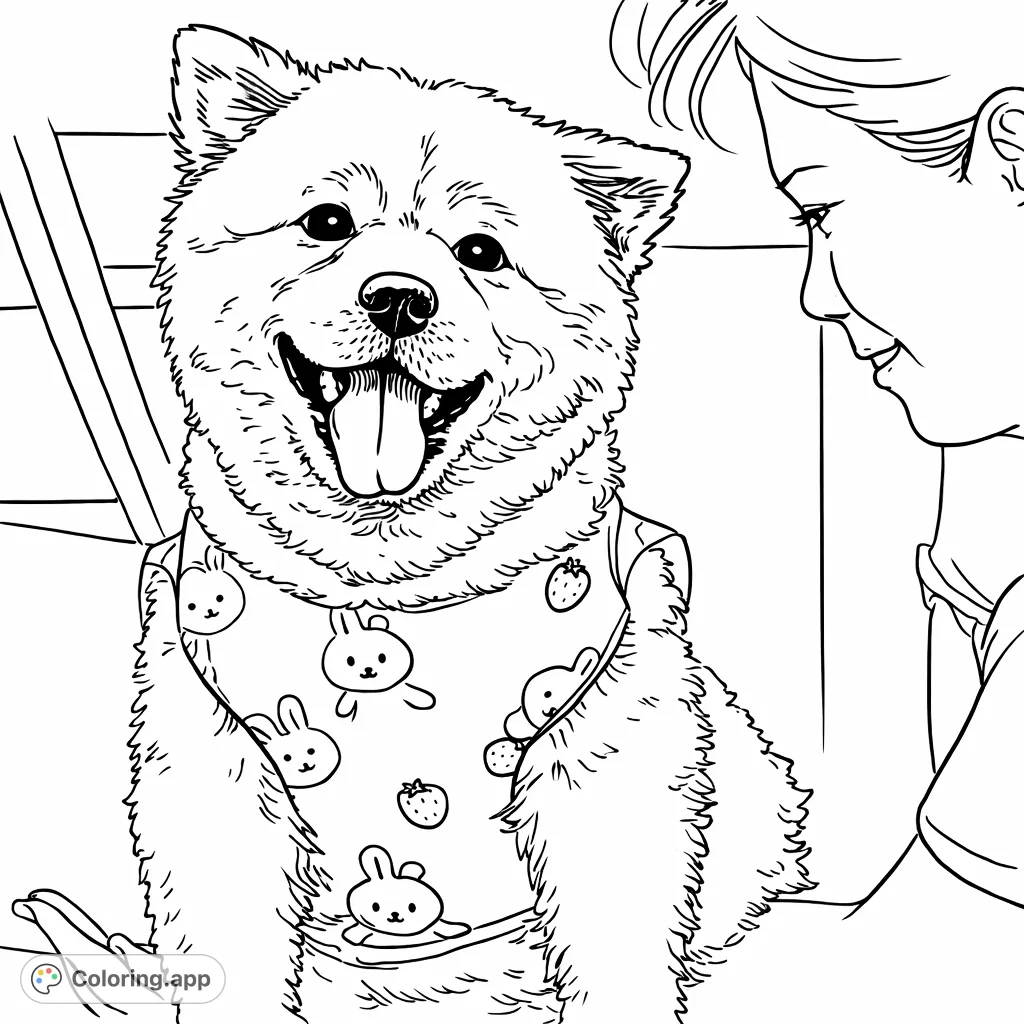 Delightful coloring page featuring a fluffy, smiling dog in a cute bunny-patterned shirt, interacting with a friendly person. A heartwarming scene for all ages.