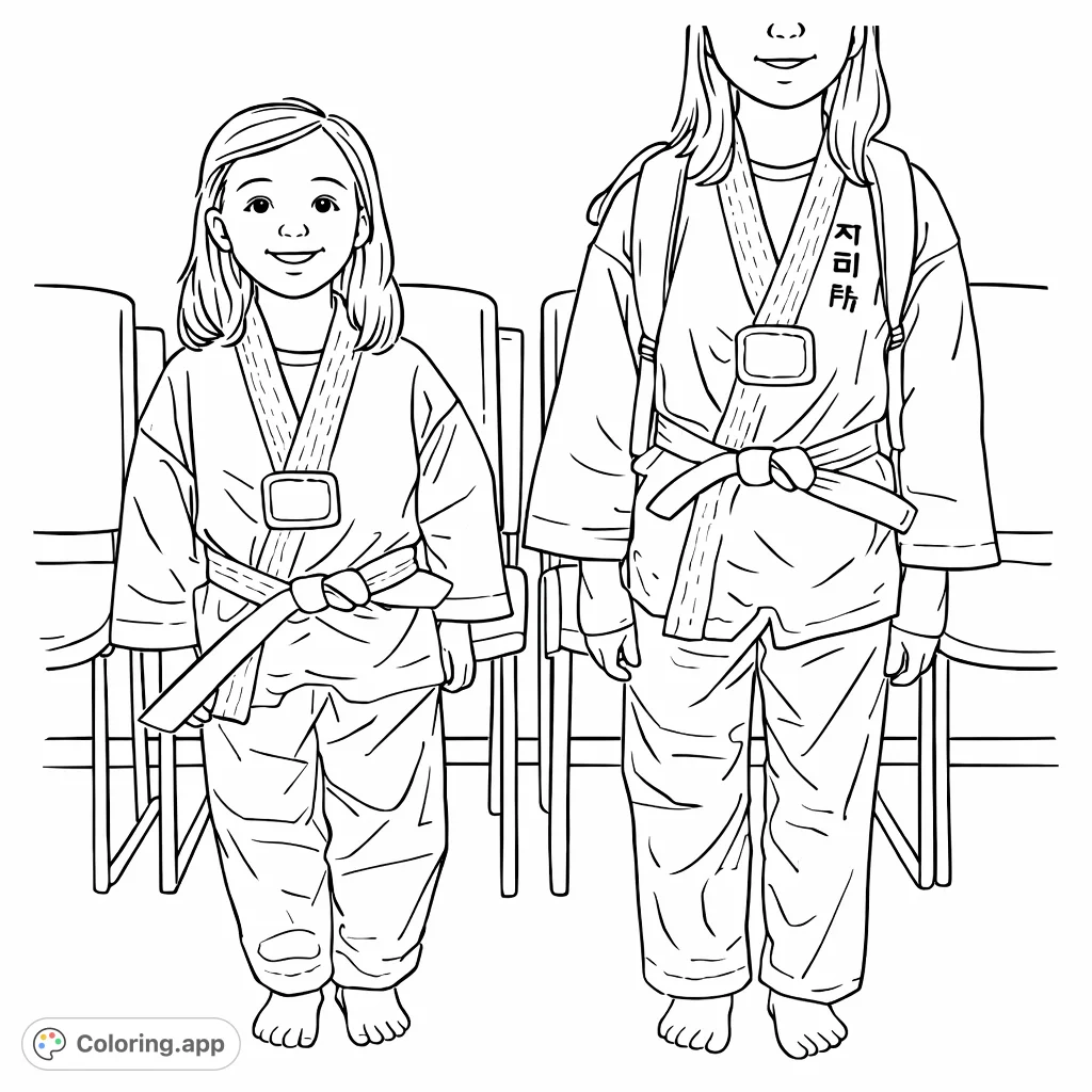This martial arts coloring page features two cheerful children in their uniforms, ready for practice. A fun and inspiring free printable for young aspiring martial artists!