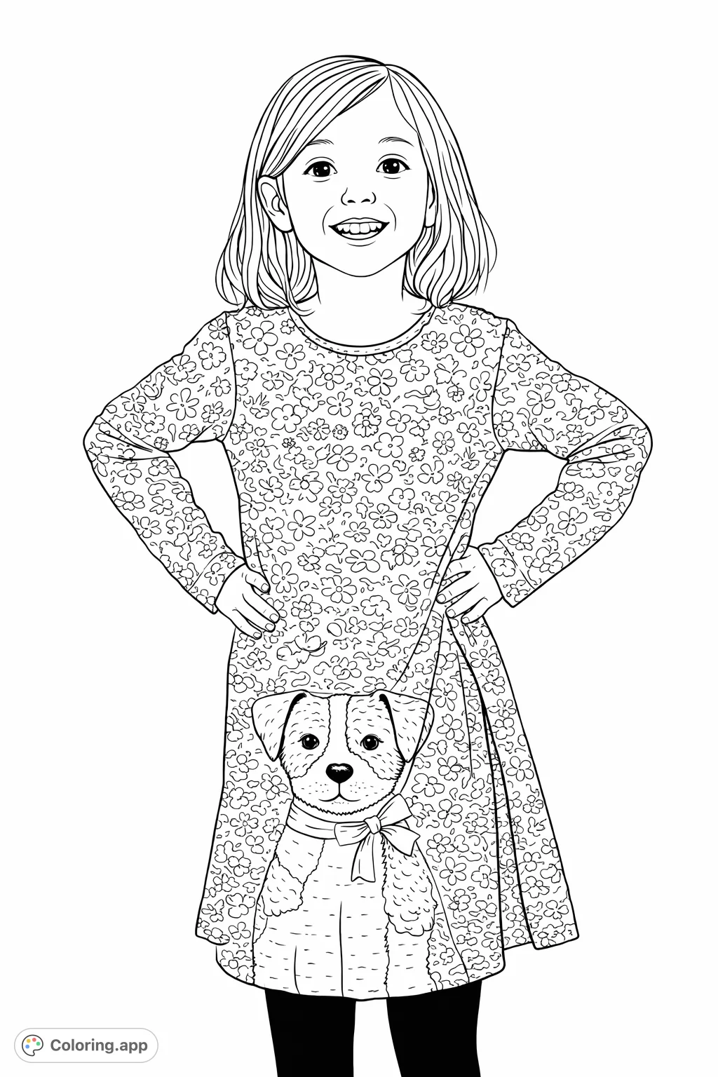 A cheerful girl with a unique floral dress featuring an adorable terrier dog appliqué. Perfect for imaginative coloring and adding vibrant patterns.