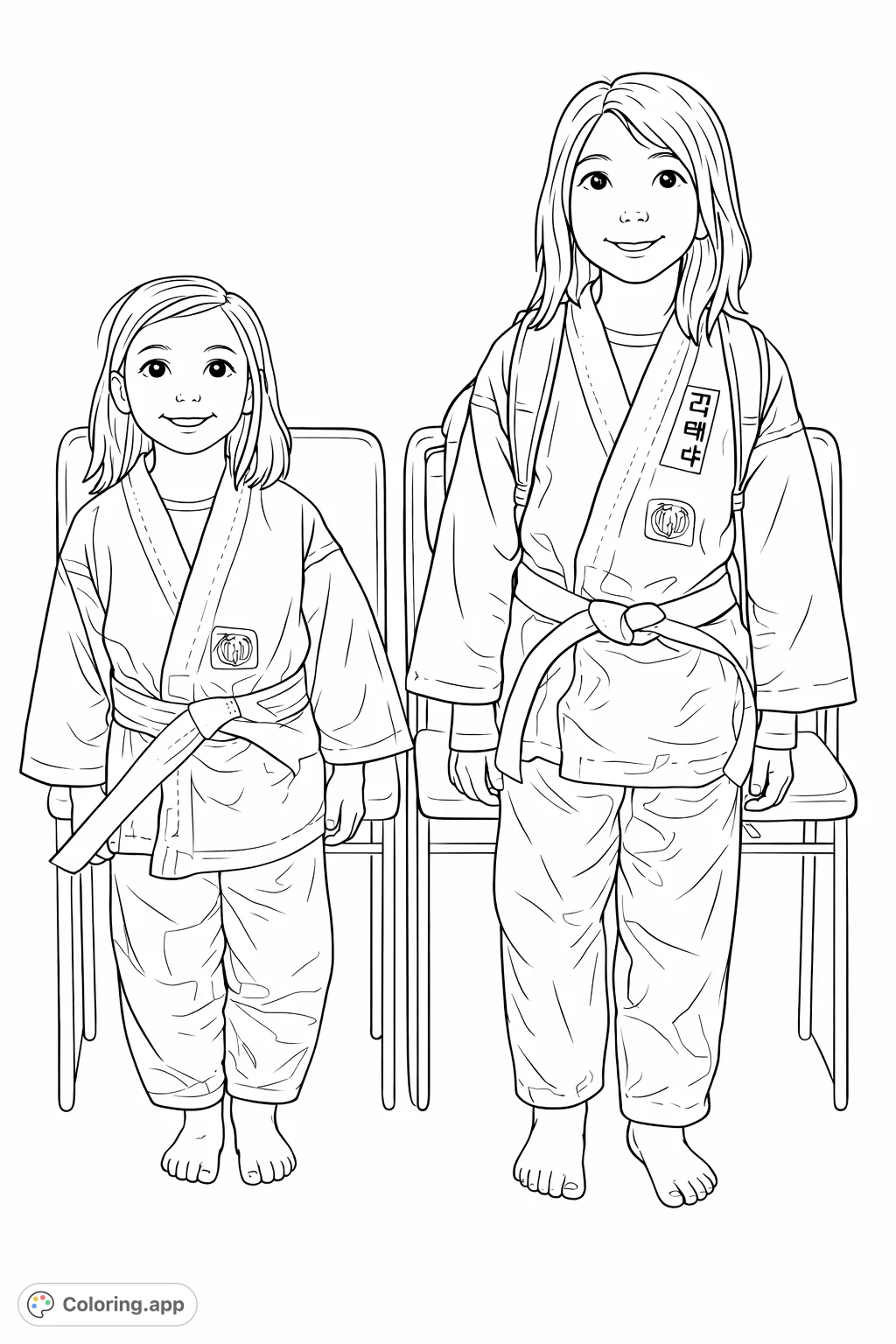 Two smiling children in martial arts uniforms, ready for their practice. A fun and inspiring page for kids learning about discipline and strength.