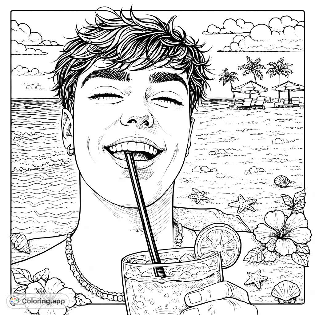 Capture the joy of a beach day! This free printable coloring page features a smiling person with a drink, intricate details, clouds, and wave patterns for all ages.