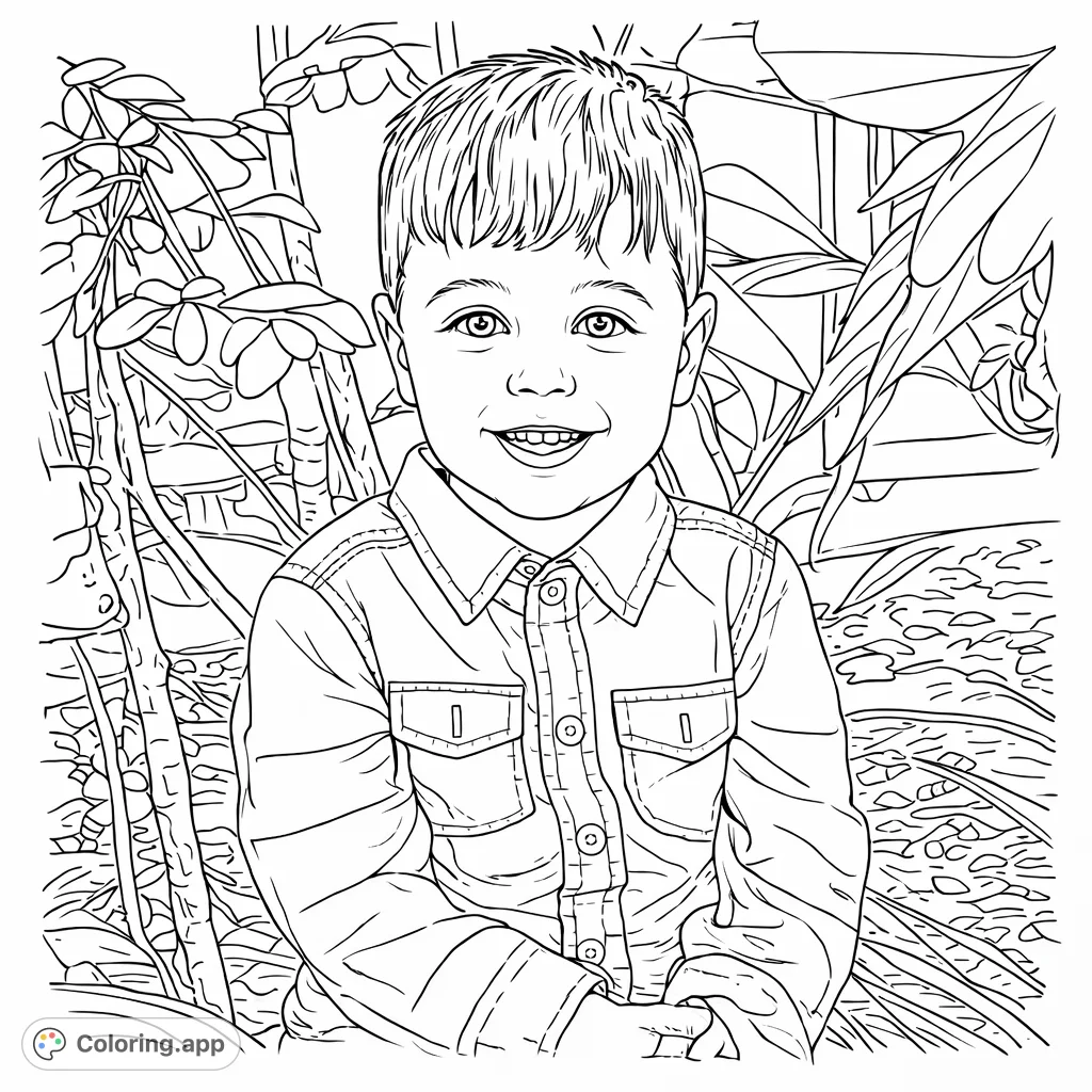 A heartwarming child portrait coloring page featuring a smiling toddler amidst lush foliage. Perfect for all ages to enjoy and personalize.