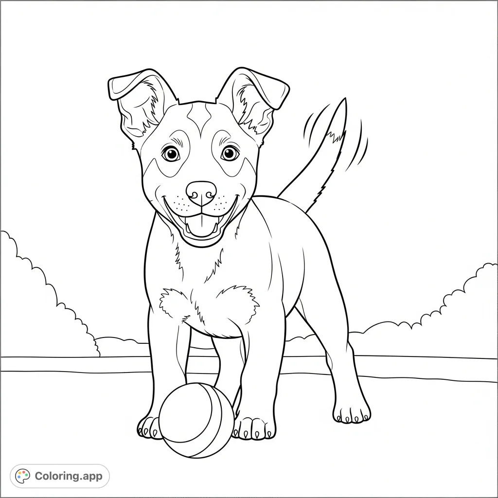 A delightful puppy sits happily with a ball, its tail wagging with joy. A perfect free printable puppy coloring page for kids and adults alike.