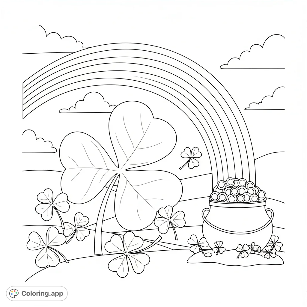 Discover a lucky shamrock, a vibrant rainbow, and a pot of gold in this festive St. Patrick's Day coloring page.
