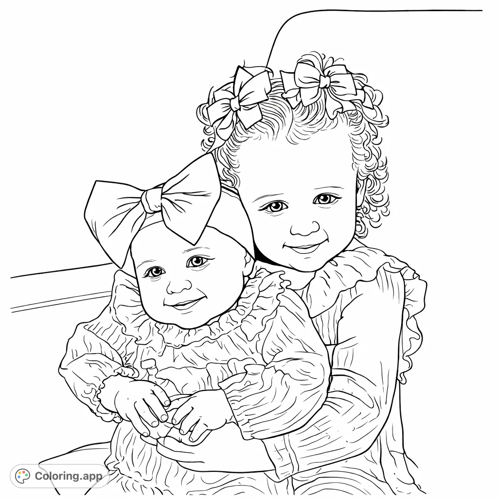 Capture the tender bond of two siblings in this charming coloring page. Featuring an older child cradling a smiling infant, perfect for family fun!