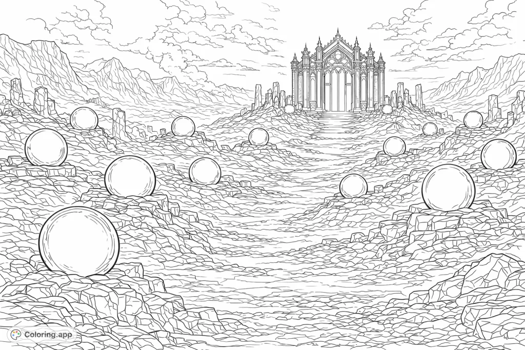 An epic fantasy landscape featuring a grand, illuminated citadel at the end of a rocky path, flanked by glowing mystical orbs under a dramatic sky. Perfect for adult colorists.
