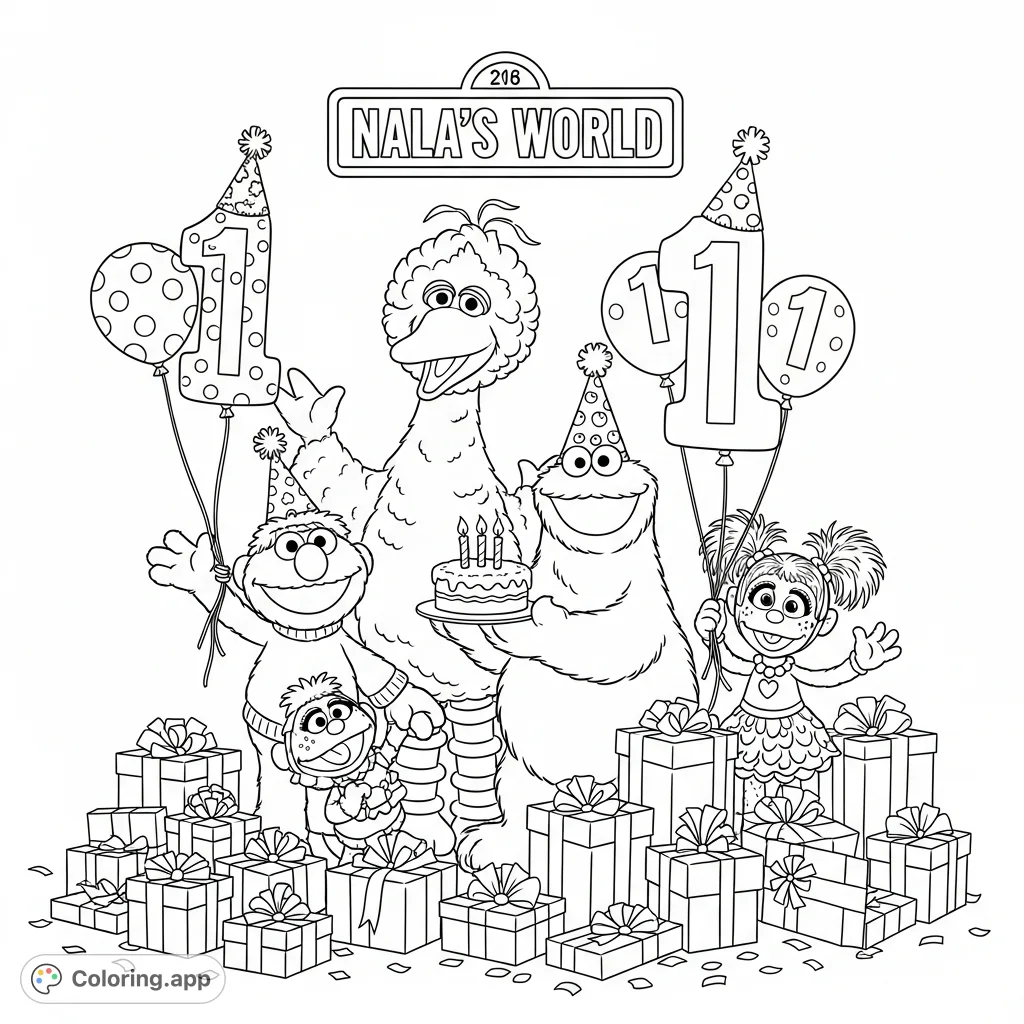 Celebrate a special birthday with Elmo, Big Bird, Cookie Monster, and Abby Cadabby on Sesame Street, featuring hats, balloons, gifts, and a personalized sign!