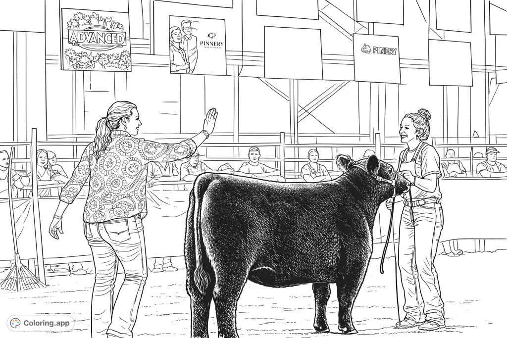 Engage with this detailed livestock show coloring page featuring a calf, handler, and instructor in an arena setting. Perfect for farm enthusiasts!