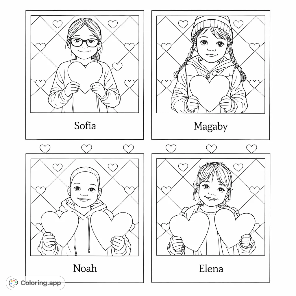 A delightful coloring page featuring four children each holding heart shapes within decorative frames, perfect for expressing affection and creativity.