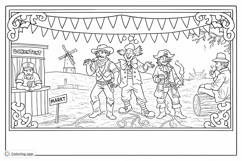 Step into a whimsical carnival scene with a cowboy, clown, pirate, and other lively characters. A free printable coloring page for endless creative fun!