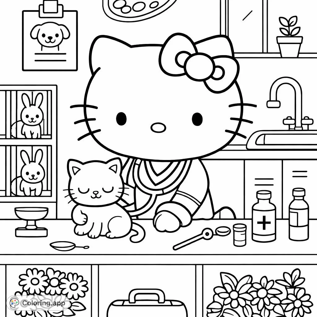 Join Hello Kitty as a compassionate veterinarian, caring for her animal friends in a busy clinic scene, complete with adorable patients and essential medical supplies.