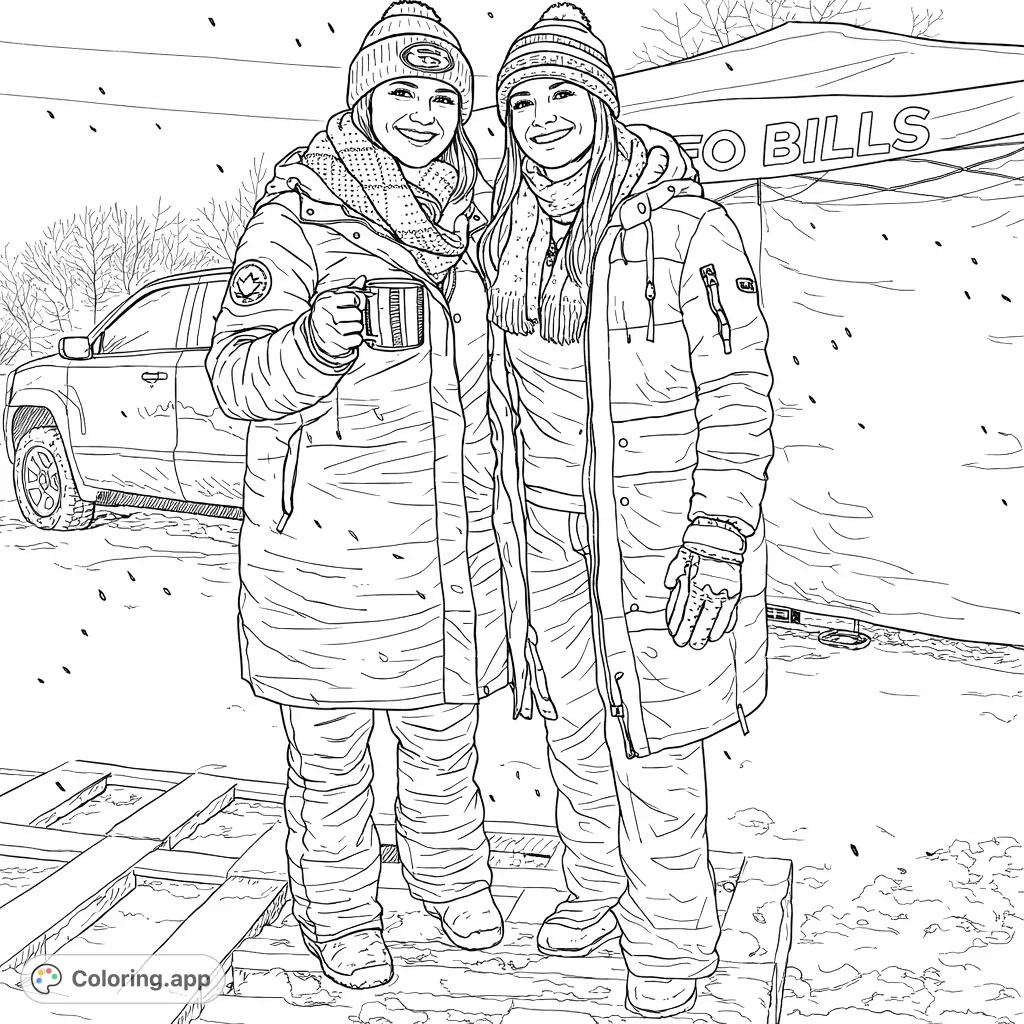 Two cheerful women bundled in winter gear, standing in a snowy landscape. Features a tailgate scene with a large tent and truck.