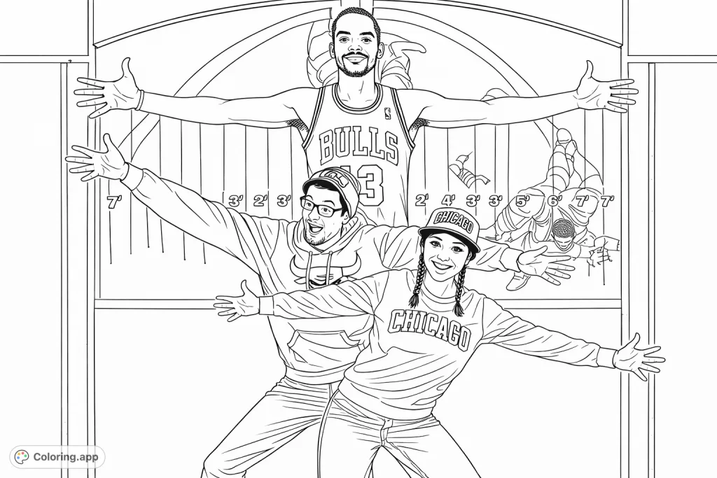 A dynamic basketball coloring page featuring three enthusiastic fans striking a pose against a backdrop of a player graphic and court markings. Celebrate team spirit!