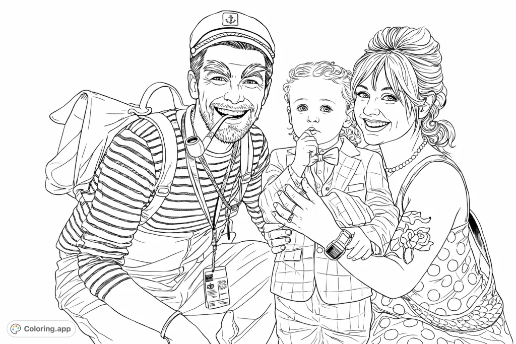 A delightful family portrait featuring a smiling captain, a charming woman, and an adorable child in their character costumes, perfect for a fun coloring page.
