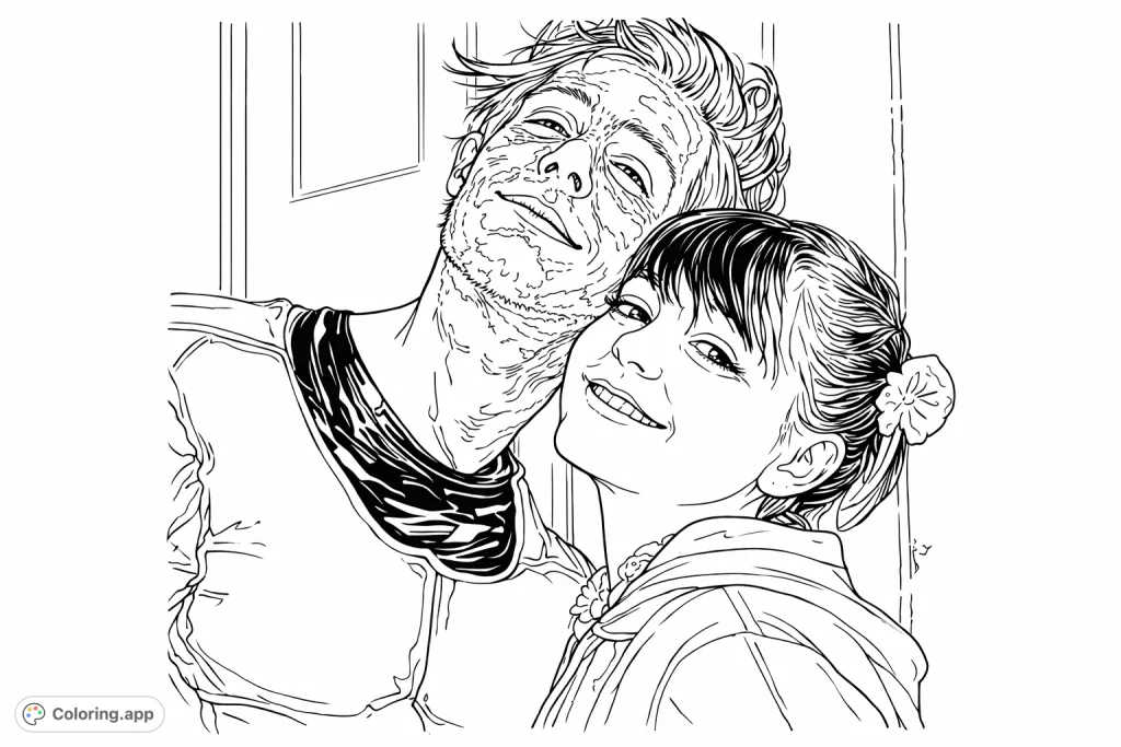 A fun coloring page featuring a person with a textured facial covering and a smiling companion with a unique hairstyle, perfect for creative expression.