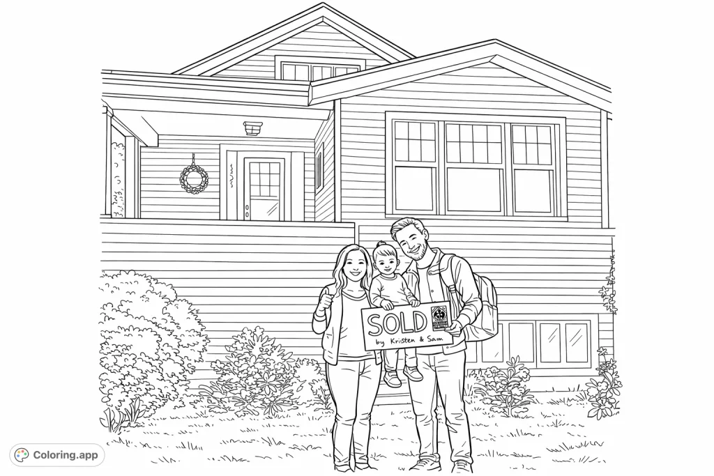 Celebrate a family's joyous milestone with this new home coloring page. Featuring a smiling couple and their toddler in front of their recently sold house, perfect for all ages.