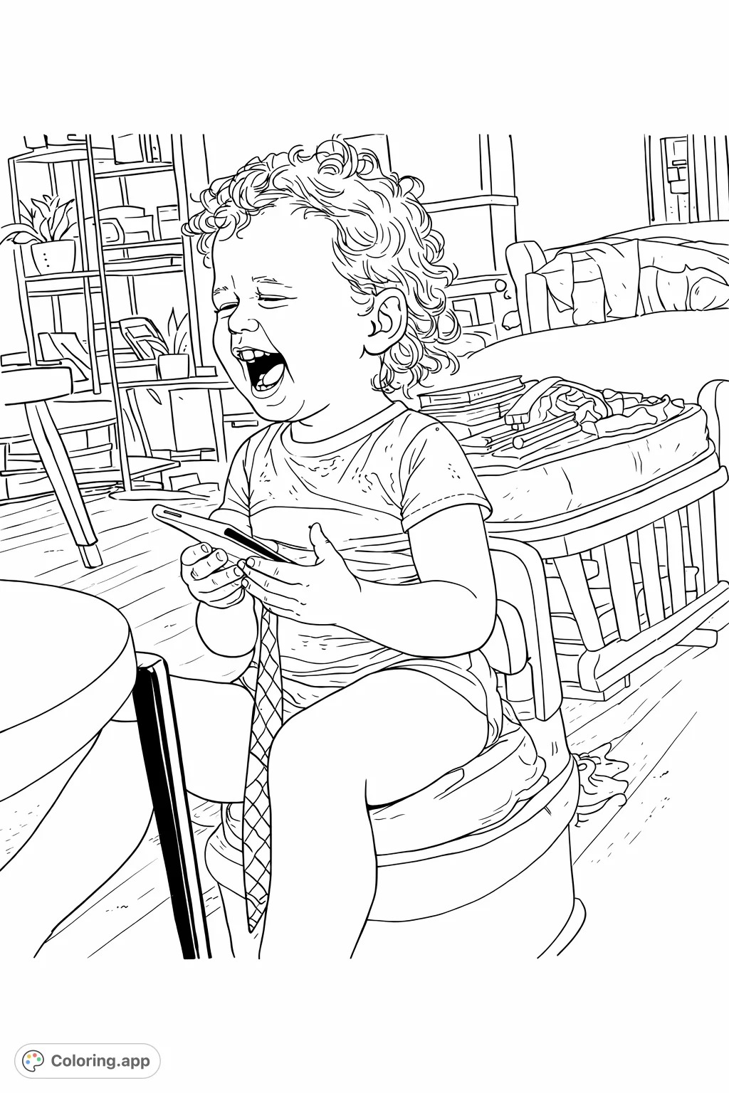 Capture a joyful and expressive toddler's potty training journey! This charming coloring page features a child on a potty with a wide smile, perfect for kids.