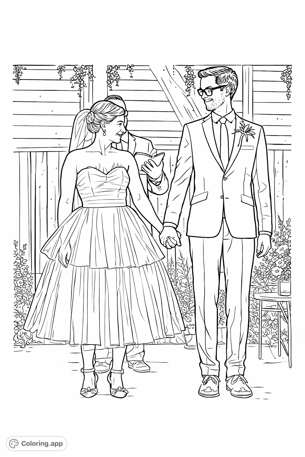 Celebrate love with this beautiful wedding scene. A happy couple holding hands, ready to begin their journey together, set against a charming outdoor backdrop.