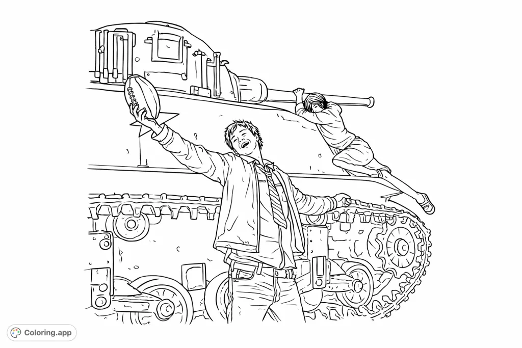 A unique coloring page featuring two figures atop a military tank at night. Explore the armored details and expressive poses in this free printable.