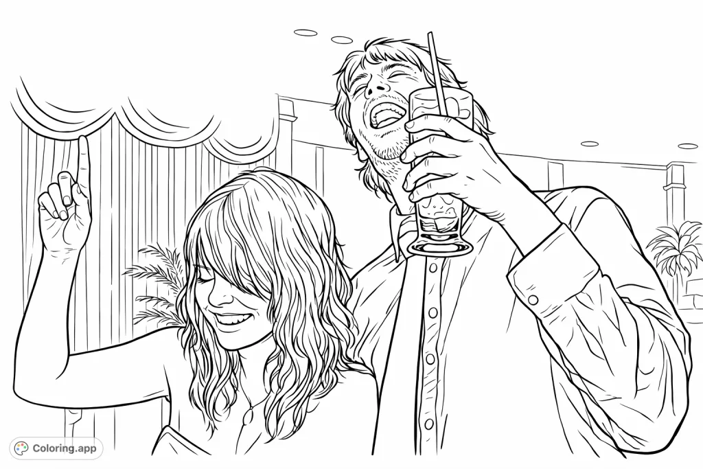 Capture the joyful exuberance of a party scene with two friends laughing and enjoying a drink. A dynamic celebration coloring page for adults.