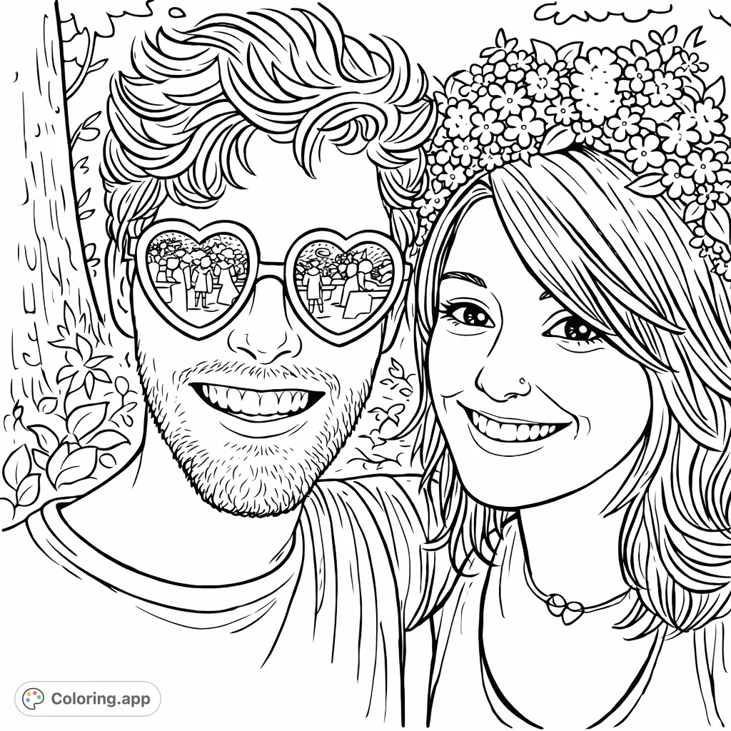 Capture the joy of friendship or love with this charming duo, featuring heart-shaped spectacles and a whimsical flower crown amidst nature. A delightful scene for all ages!